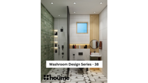 A modern washroom by Houme India with green tiles on one wall, a textured stone floor, a wooden accent wall, and a glass enclosed shower. A