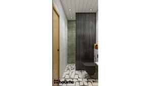A modern washroom by Houme India with green tiles on one wall, a textured stone floor, a wooden accent wall, and a glass enclosed shower. C