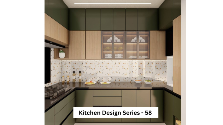 A contemporary L-shaped kitchen with dark green cabinets, wood upper cabinets with glass doors, and a speckled backsplash. The countertop is a dark material, and various dishes are placed on it. A