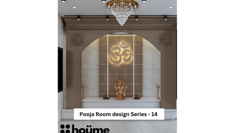 A home Pooja room with a wooden altar, a decorative arch, and a backlit Om symbol. A