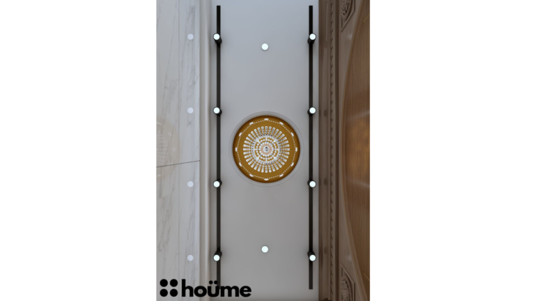 A home Pooja room with a wooden altar, a decorative arch, and a backlit Om symbol. B