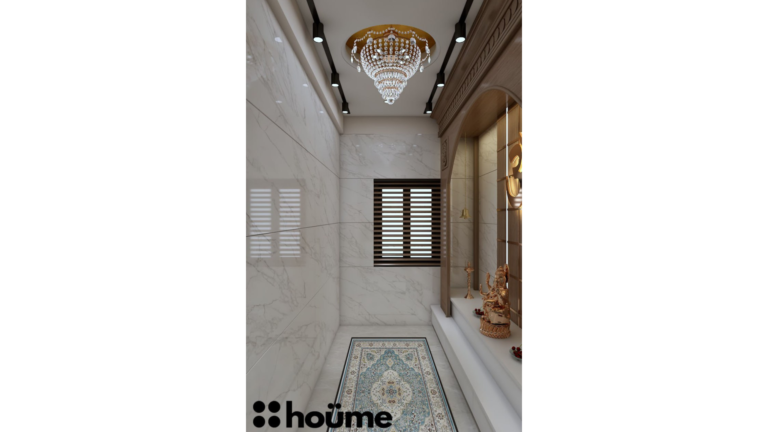 A home Pooja room with a wooden altar, a decorative arch, and a backlit Om symbol. C