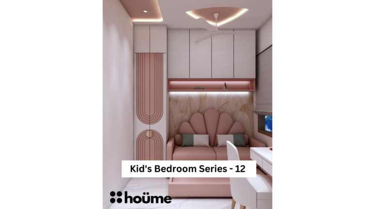 A vibrant children's bedroom with a pink scalloped headboard, a pink and white striped wardrobe, and a small desk with a chair. A