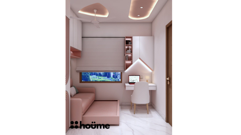 A vibrant children's bedroom with a pink scalloped headboard, a pink and white striped wardrobe, and a small desk with a chair. B