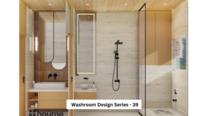 A modern washroom by Houme India with light wood accents, a glass-enclosed shower, a rectangular mirror with an illuminated border, and a white sink. A