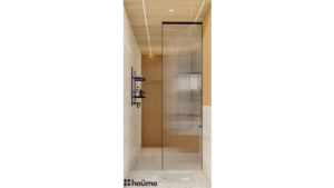 A modern washroom by Houme India with light wood accents, a glass-enclosed shower, a rectangular mirror with an illuminated border, and a white sink. D