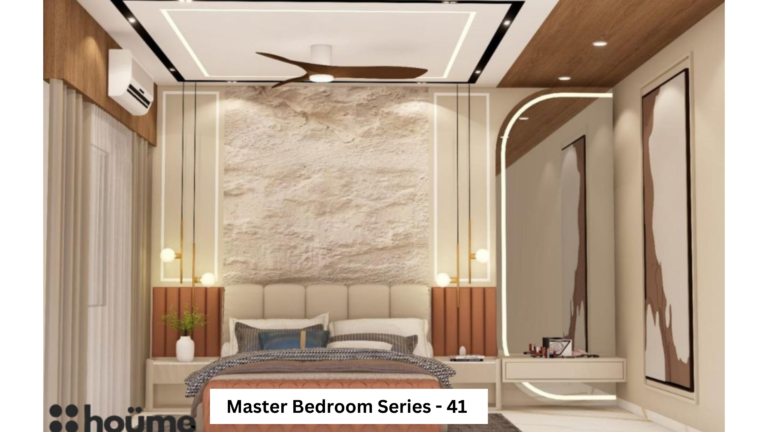 A modern master bedroom design by Houme India featuring a beige textured accent wall behind the bed, wooden ceiling and bedside tables, and a unique curved mirror. A