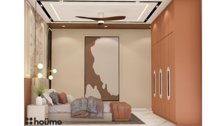 A modern master bedroom design by Houme India featuring a beige textured accent wall behind the bed, wooden ceiling and bedside tables, and a unique curved mirror. B