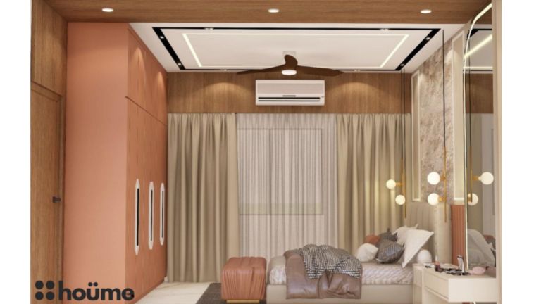 A modern master bedroom design by Houme India featuring a beige textured accent wall behind the bed, wooden ceiling and bedside tables, and a unique curved mirror. C