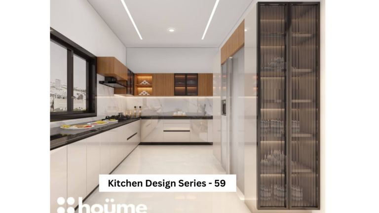 A modern kitchen design with white and wood-toned cabinets, black countertops, and stainless steel appliances. A tall, glass-fronted cabinet provides additional storage. A