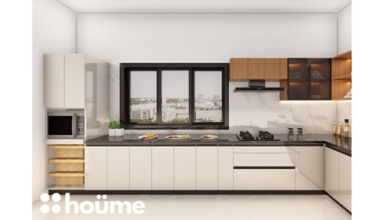 A modern kitchen design with white and wood-toned cabinets, black countertops, and stainless steel appliances. A tall, glass-fronted cabinet provides additional storage. C