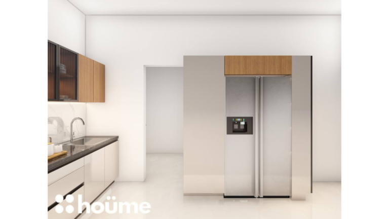 A modern kitchen design with white and wood-toned cabinets, black countertops, and stainless steel appliances. A tall, glass-fronted cabinet provides additional storage. D