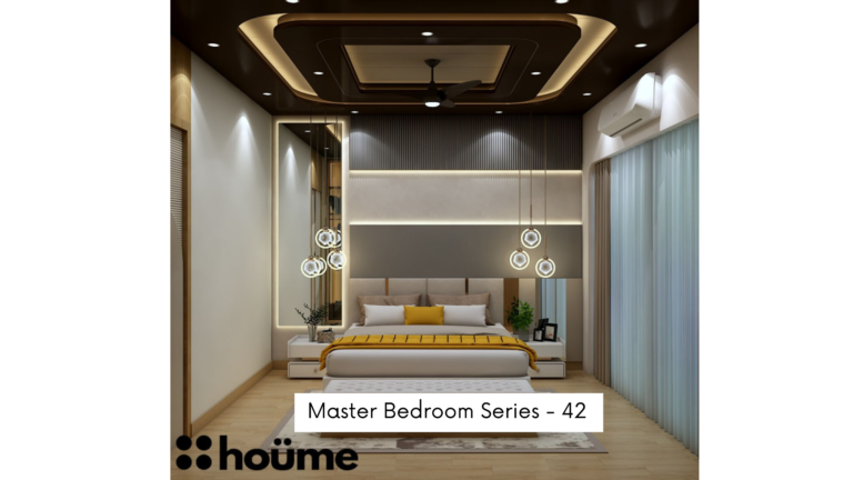 A modern master bedroom by Houme India with a dark recessed ceiling, a gray textured accent wall, and three modern pendant lights hanging above the bed. A