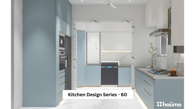 A modern kitchen design featuring blue cabinets, white countertops, and integrated appliances, including a refrigerator, dishwasher, and oven. A
