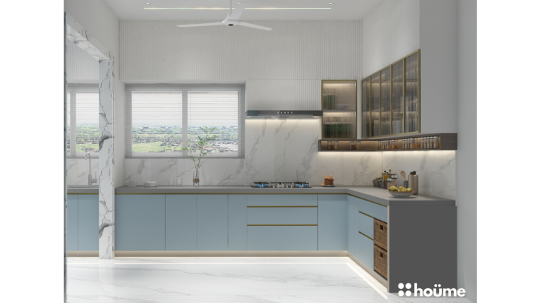A modern kitchen design featuring blue cabinets, white countertops, and integrated appliances, including a refrigerator, dishwasher, and oven. B