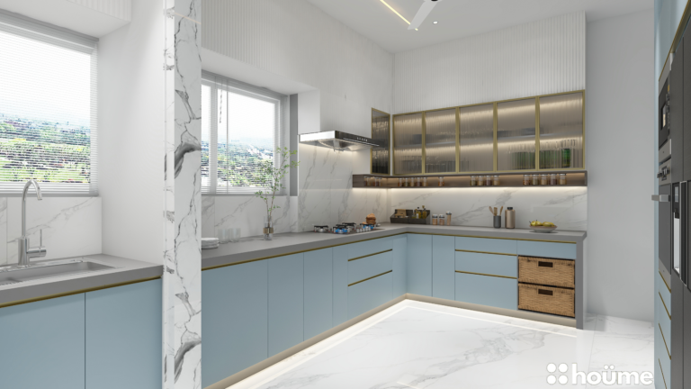 A modern kitchen design featuring blue cabinets, white countertops, and integrated appliances, including a refrigerator, dishwasher, and oven. C