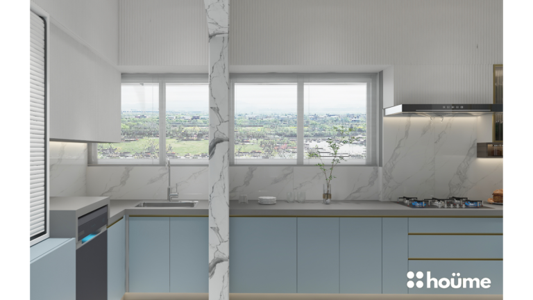 A modern kitchen design featuring blue cabinets, white countertops, and integrated appliances, including a refrigerator, dishwasher, and oven. D