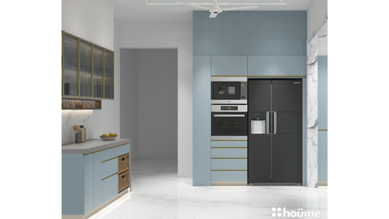 A modern kitchen design featuring blue cabinets, white countertops, and integrated appliances, including a refrigerator, dishwasher, and oven. E