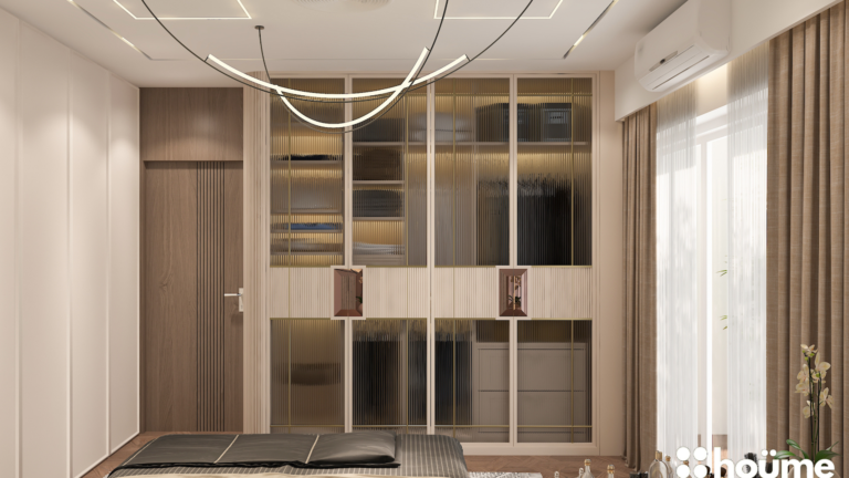 A modern master bedroom by Houme India featuring a light green textured accent wall, a unique pendant light fixture, and a wooden bed frame. C