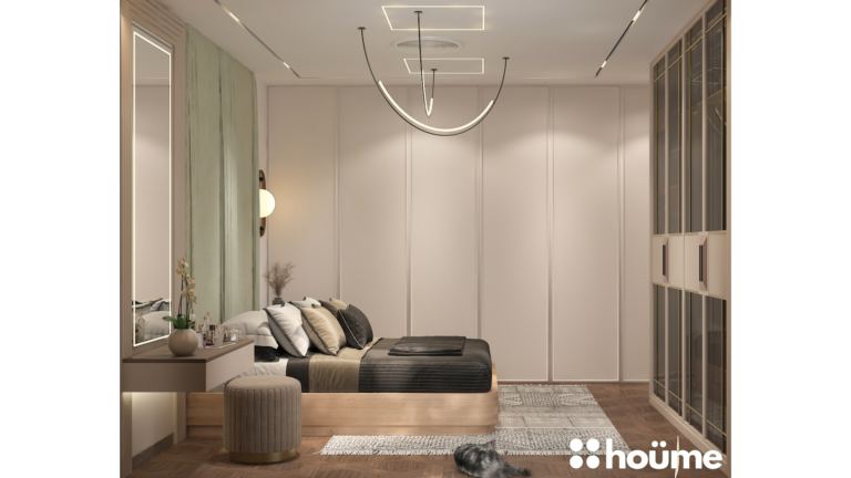 A modern master bedroom by Houme India featuring a light green textured accent wall, a unique pendant light fixture, and a wooden bed frame. D