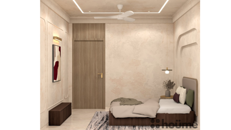 A bedroom interior with a beige color scheme, a bed with a headboard, a bedside table, and built-in wardrobes with an arched alcove. C