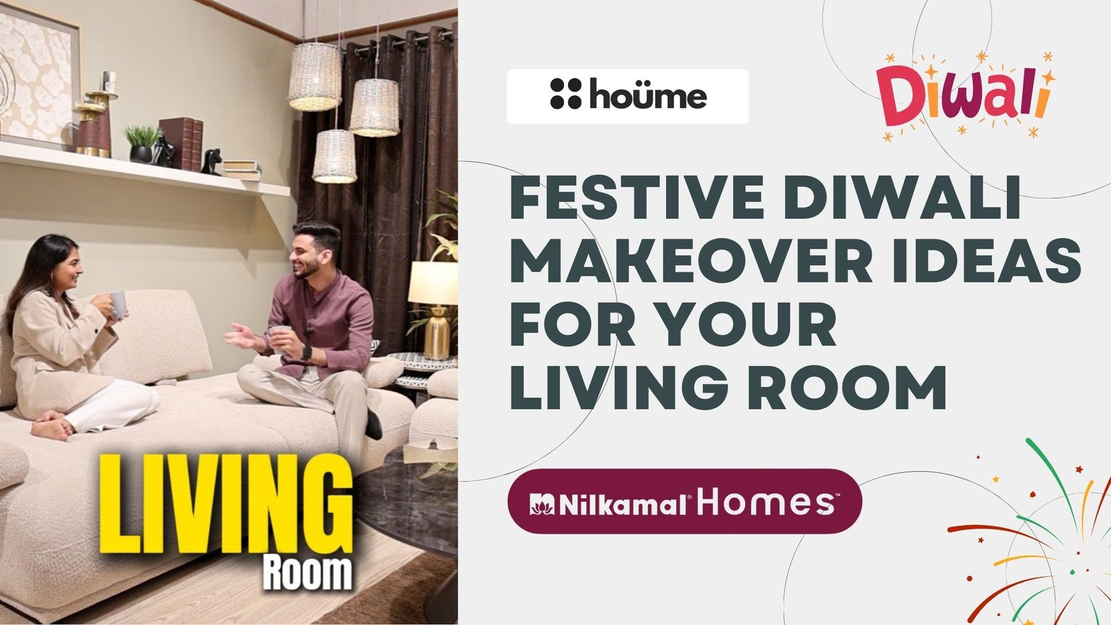 A cozy living room adorned with festive Diwali decorations, including lights, diyas, and rangoli.