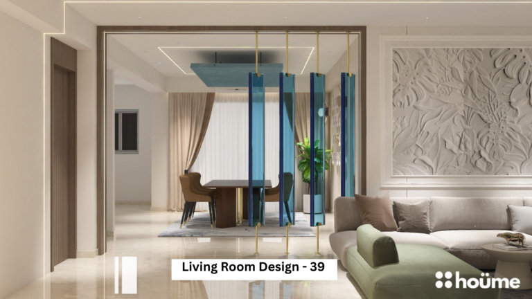 A contemporary living room design featuring a stylish blue glass partition separating the dining area, as showcased on Houme India's website. A