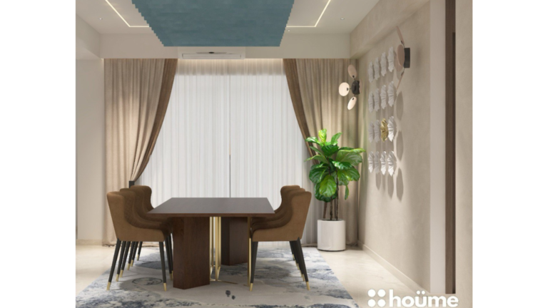 A contemporary living room design featuring a stylish blue glass partition separating the dining area, as showcased on Houme India's website. D