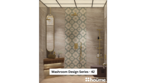 A modern washroom featuring a walk-in shower, a statement wall with patterned tiles, and gold accents. A