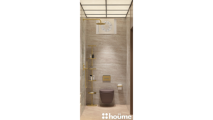 A modern washroom featuring a walk-in shower, a statement wall with patterned tiles, and gold accents. B