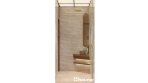 A modern washroom featuring a walk-in shower, a statement wall with patterned tiles, and gold accents. C
