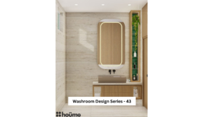A minimalist washroom design featuring a wood-framed mirror, a floating vanity, and a green accent wall with a built-in shelf. A