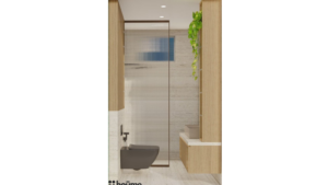 A minimalist washroom design featuring a wood-framed mirror, a floating vanity, and a green accent wall with a built-in shelf. B