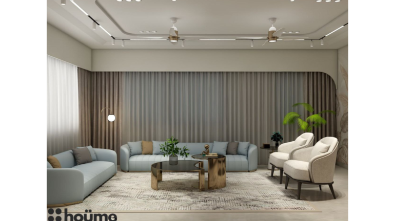 A contemporary living room design featuring a light blue sofa set, a sleek entertainment center with a mounted TV, and a stylish coffee table. B