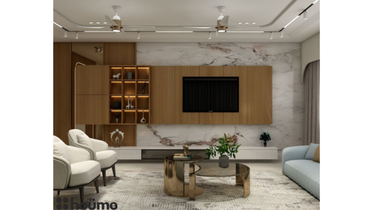 A contemporary living room design featuring a light blue sofa set, a sleek entertainment center with a mounted TV, and a stylish coffee table. C