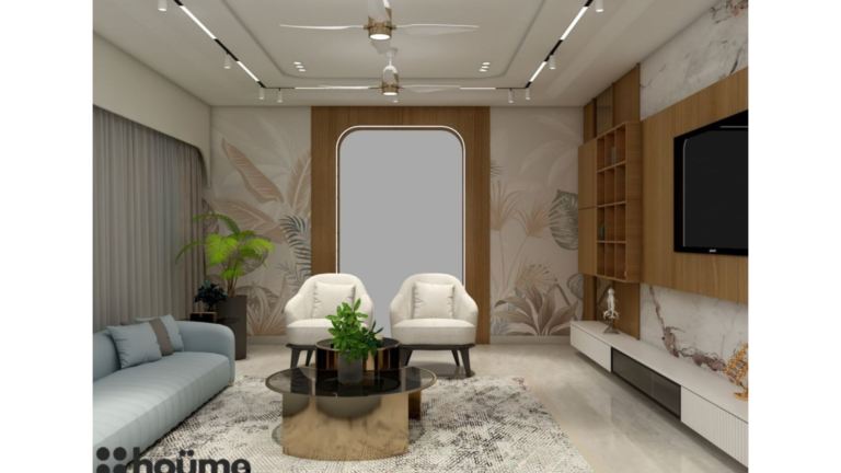 A contemporary living room design featuring a light blue sofa set, a sleek entertainment center with a mounted TV, and a stylish coffee table. D