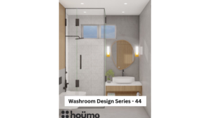 A contemporary washroom featuring a walk-in shower with black framed glass doors, a minimalist vanity with a round mirror, and neutral-toned tiles. A
