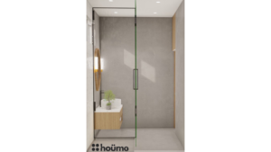 A contemporary washroom featuring a walk-in shower with black framed glass doors, a minimalist vanity with a round mirror, and neutral-toned tiles. B