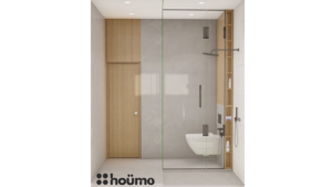 A contemporary washroom featuring a walk-in shower with black framed glass doors, a minimalist vanity with a round mirror, and neutral-toned tiles. C