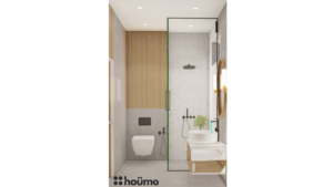 A contemporary washroom featuring a walk-in shower with black framed glass doors, a minimalist vanity with a round mirror, and neutral-toned tiles. D