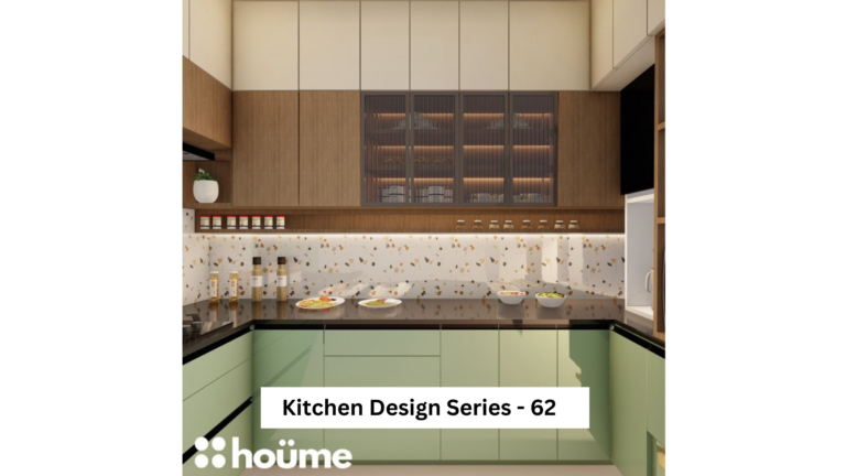 A contemporary L-shaped kitchen with green lower cabinets, wood and glass upper cabinets, and a speckled backsplash. A