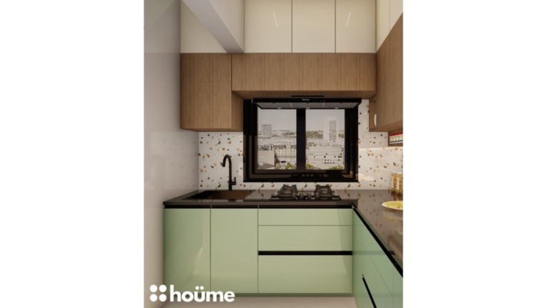 A contemporary L-shaped kitchen with green lower cabinets, wood and glass upper cabinets, and a speckled backsplash. B
