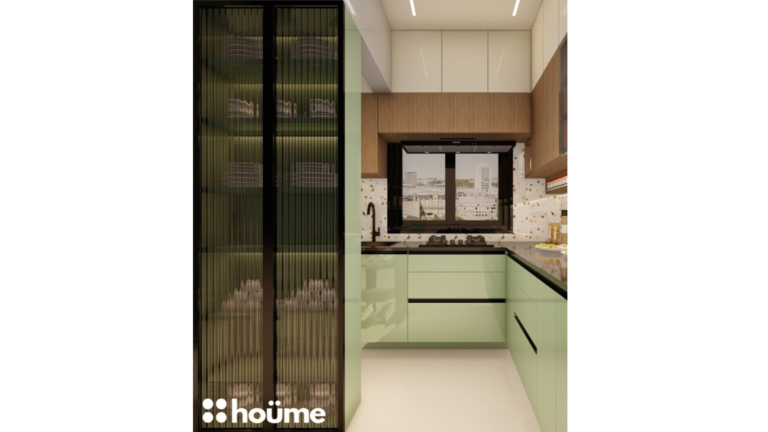 A contemporary L-shaped kitchen with green lower cabinets, wood and glass upper cabinets, and a speckled backsplash. C