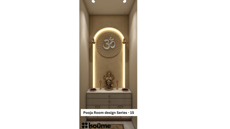 A peaceful and minimalist Pooja room design featuring an illuminated "Om" symbol and a Ganesha idol, as showcased on Houme India's website. A