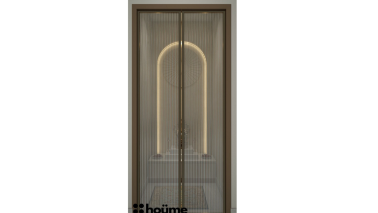 A peaceful and minimalist Pooja room design featuring an illuminated "Om" symbol and a Ganesha idol, as showcased on Houme India's website. B