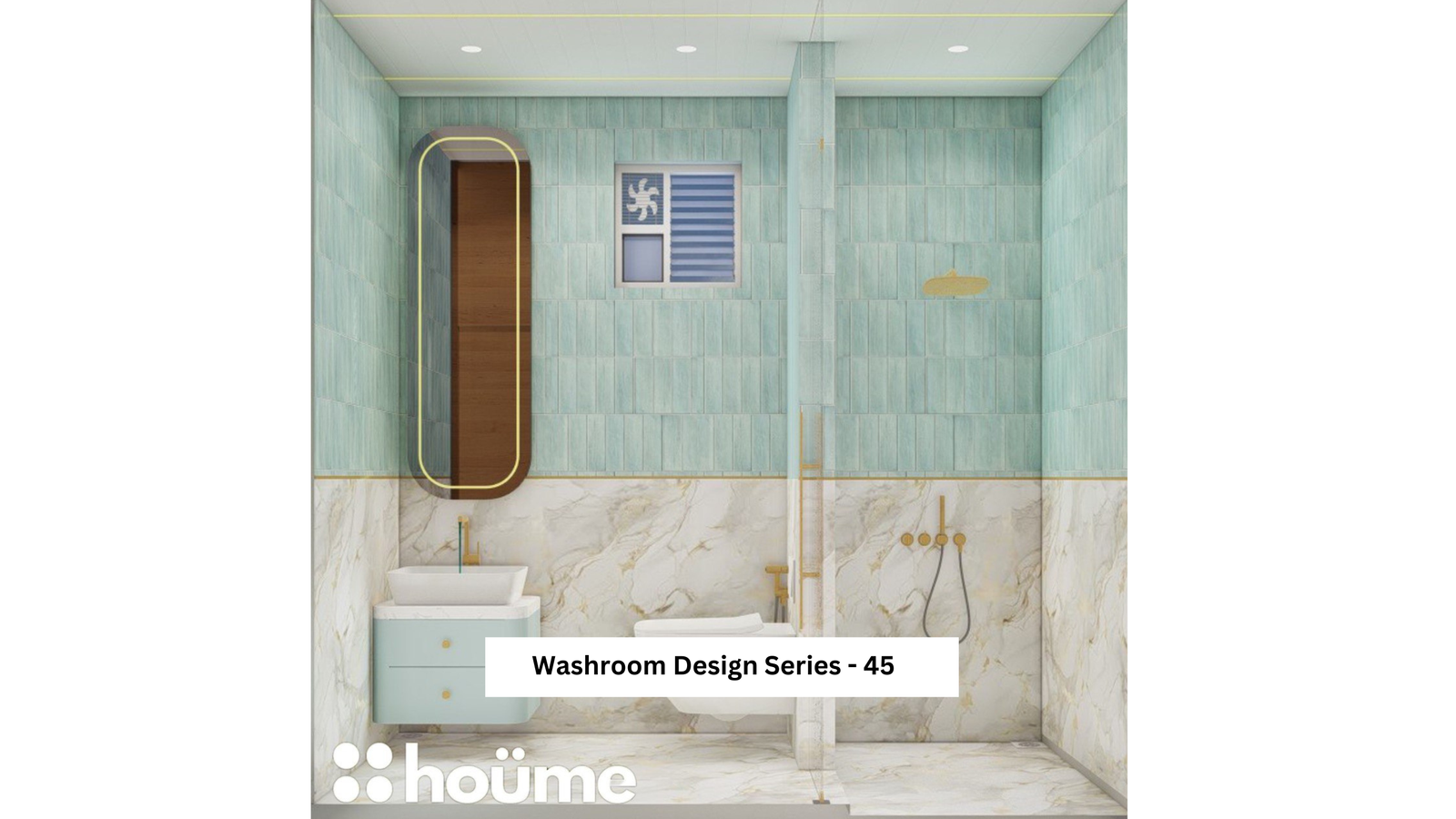 A modern washroom design featuring teal tiles, a sleek vanity, and gold accents, as showcased on Houme India's website. A