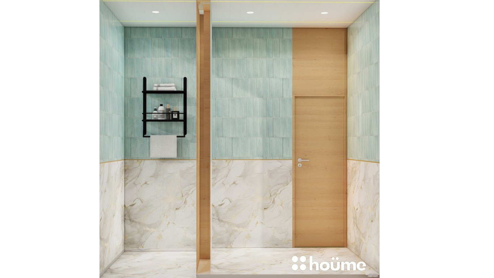 A modern washroom design featuring teal tiles, a sleek vanity, and gold accents, as showcased on Houme India's website. B