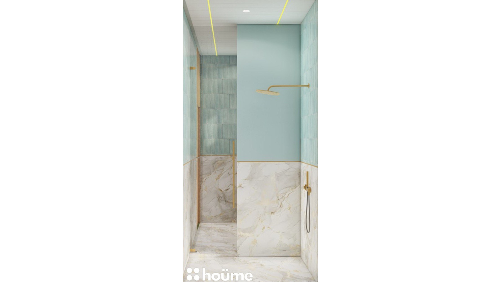 A modern washroom design featuring teal tiles, a sleek vanity, and gold accents, as showcased on Houme India's website. C