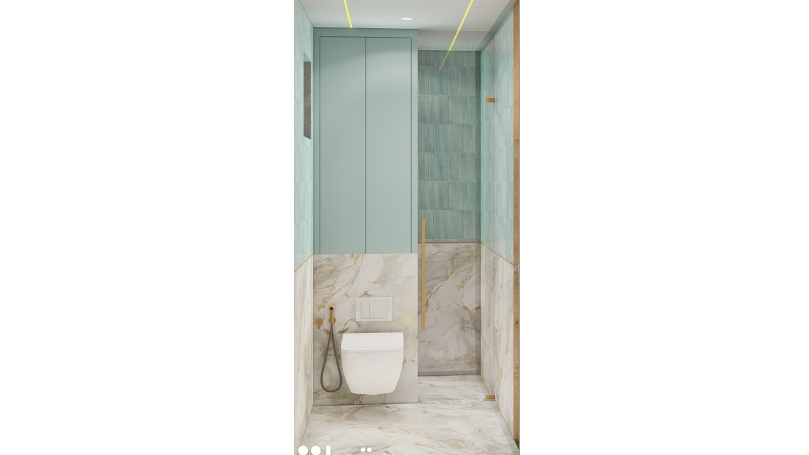 A modern washroom design featuring teal tiles, a sleek vanity, and gold accents, as showcased on Houme India's website. D