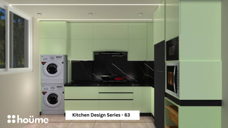A contemporary kitchen featuring green cabinets, black countertops, and integrated appliances, as showcased on Houme India's website. A